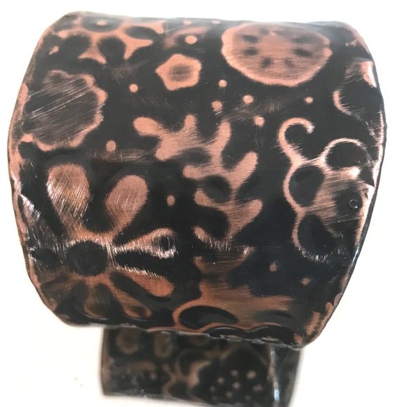 Floral Embossed Wide Cuff Bracelet Pure Solid Copper Patina Flowers Handmade - Picture 2 of 11